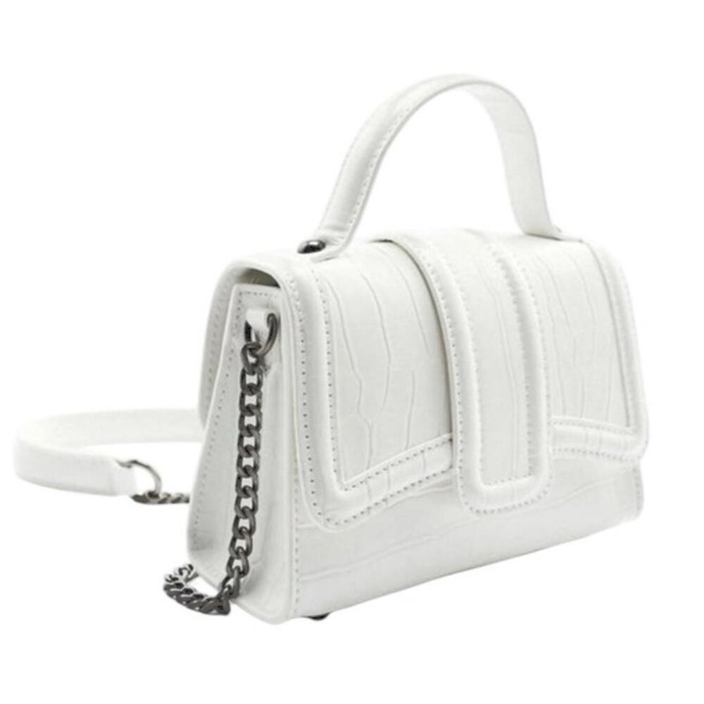 Zara Women's White leather Croc Embossed Chain Strap Satchel Crossbody Handbag